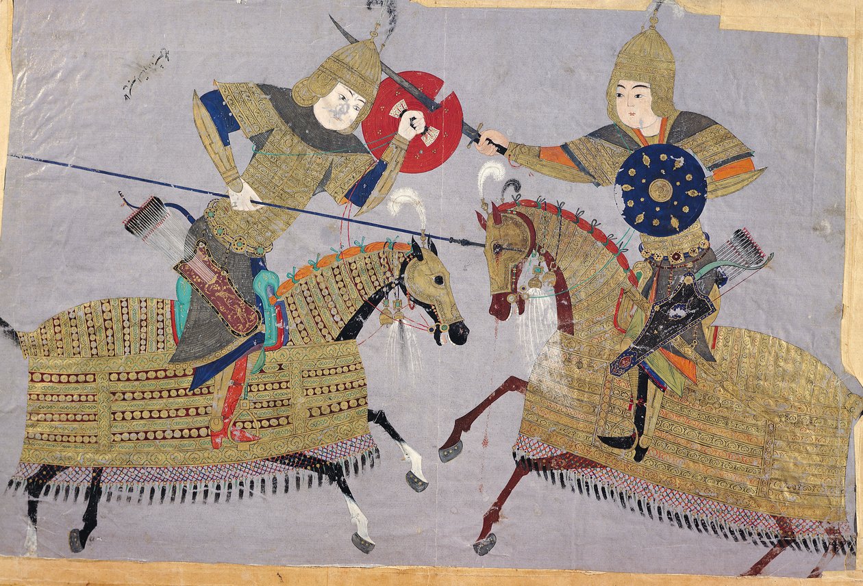 Deux guerriers à cheval en combat, École de Tabriz, c.1480 - Islamic School