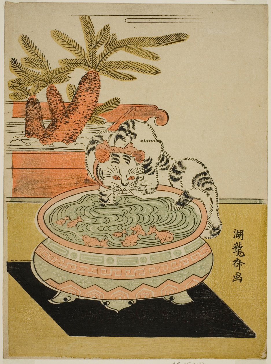 Chat Grattant un Poisson Rouge - Isoda Koryusai