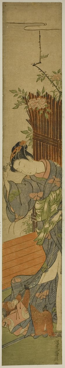 Jeune femme avec un singe de compagnie - Isoda Koryusai