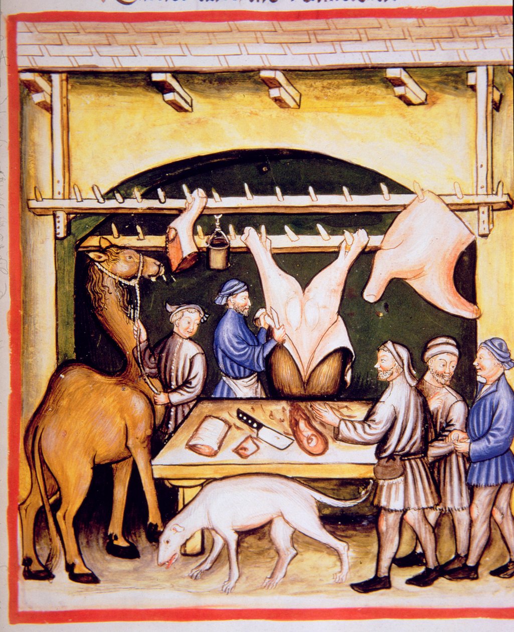 Les bouchers : La viande de vaches et de chameaux, illustration de Tacuinum Sanitatis Codex Vindobonensis - Italian School