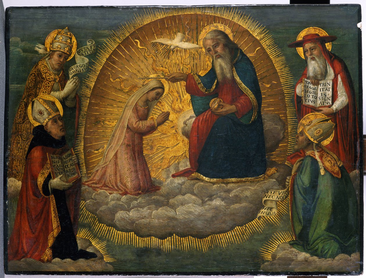 Marie devant Dieu le Père, observée par les quatre Pères de l