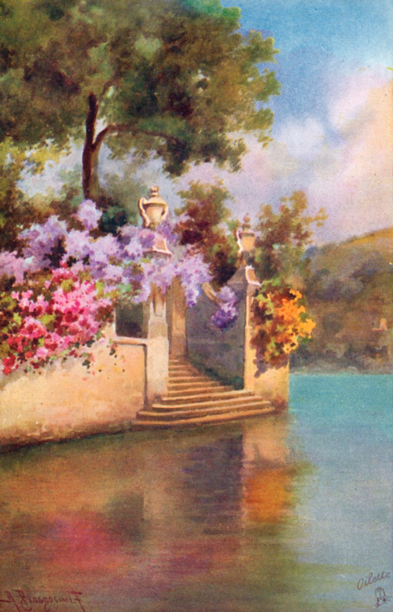 Jardins du lac de Côme, Italie (lithographie couleur) - Italian School