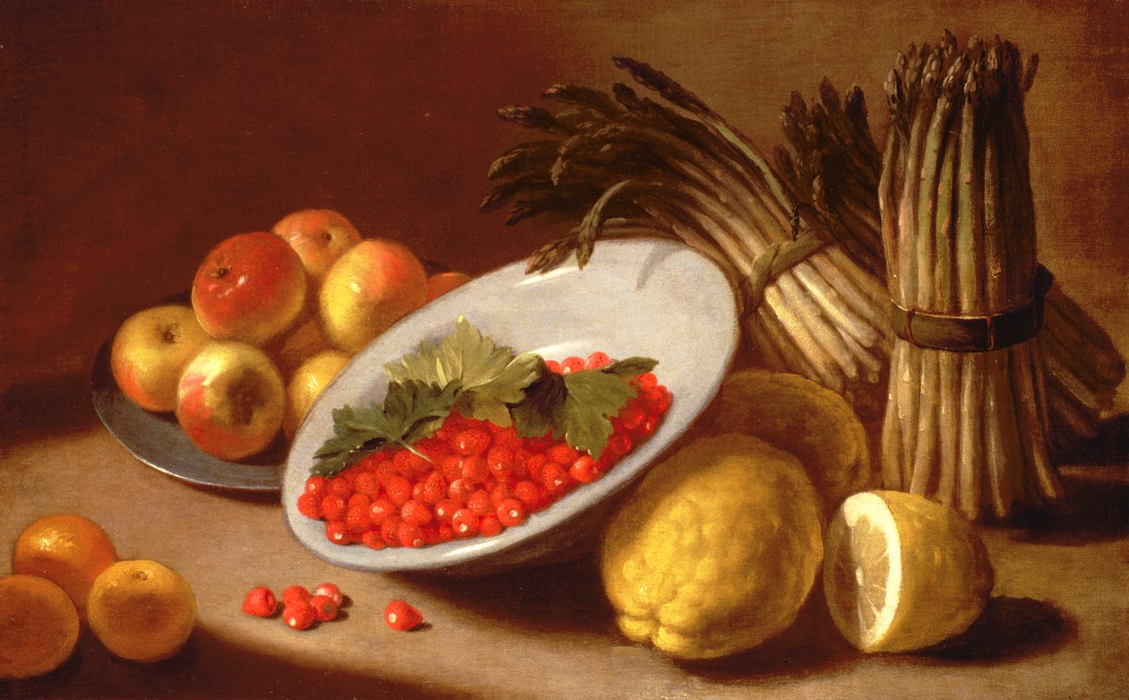 Nature morte de framboises, citrons et asperges - Italian School