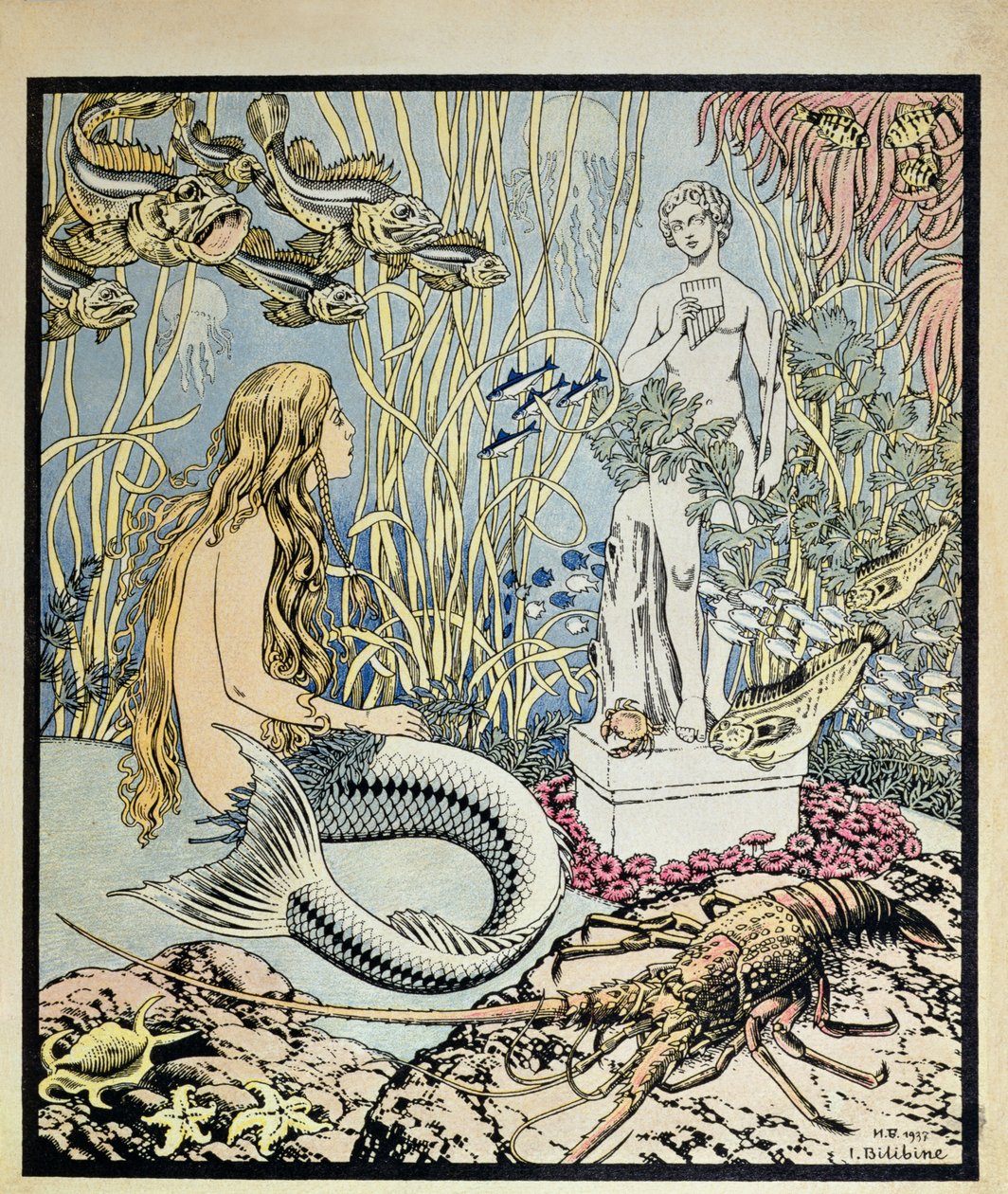 La Petite Sirène devant une statue dans la mer, illustration pour un conte de fées de Hans Christian Andersen (1805-75), de 