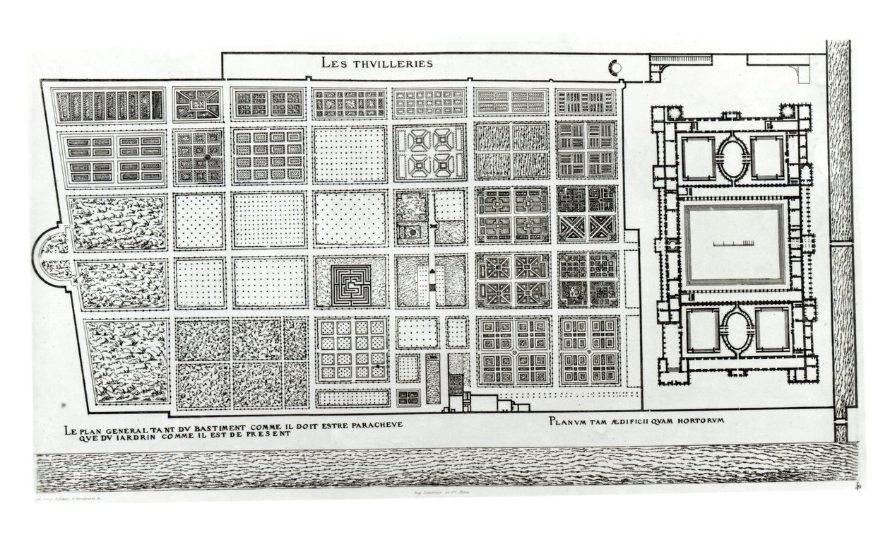 Plan du palais et du jardin des Tuileries à Paris au XVIe siècle, publié par A. Levy, XIXe siècle - J. Androuet Ducerceau