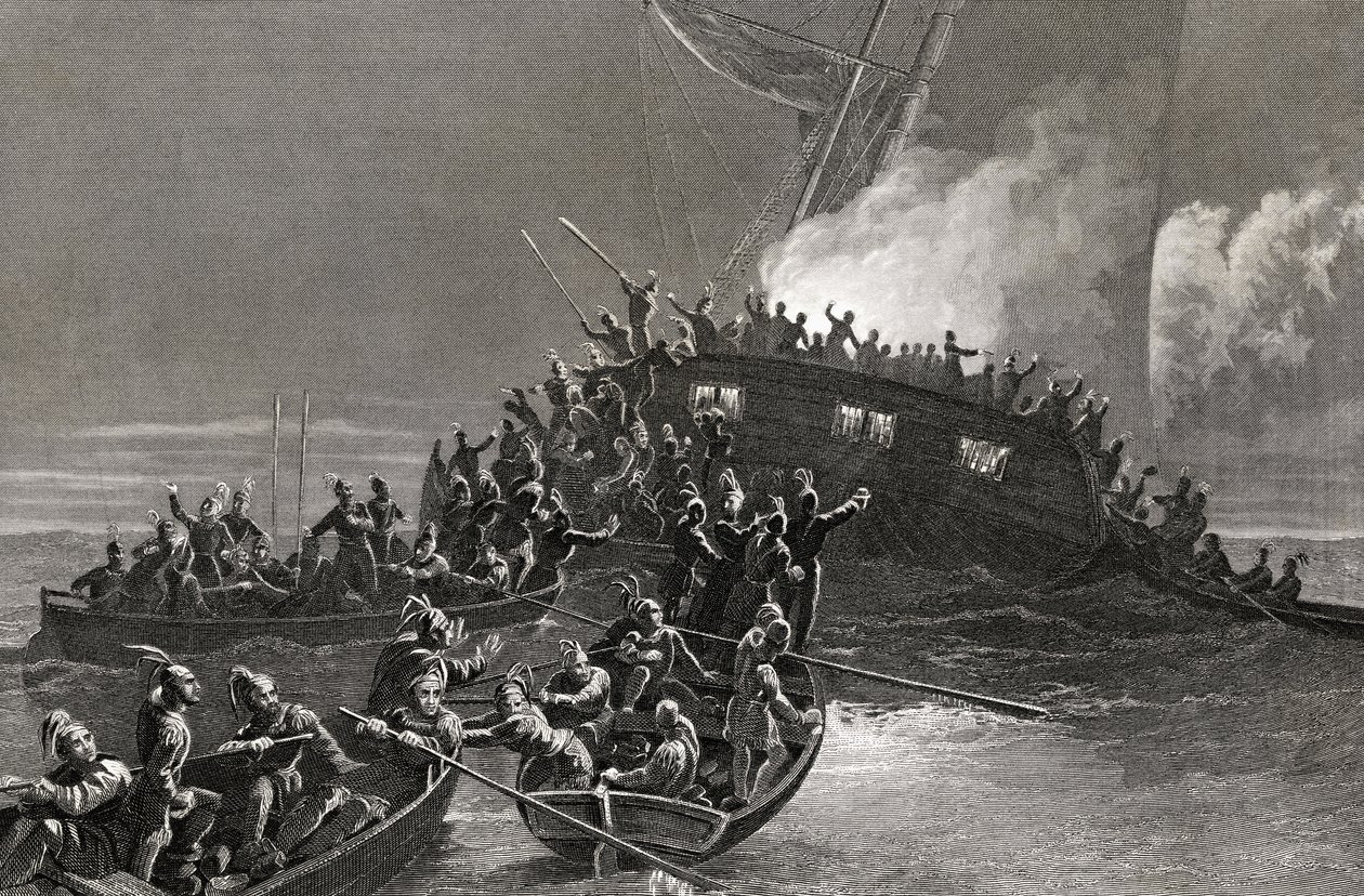 Destruction du schooner Gaspee dans les eaux de Rhode Island, 1772, gravé par J. Rogers - J. McNevin
