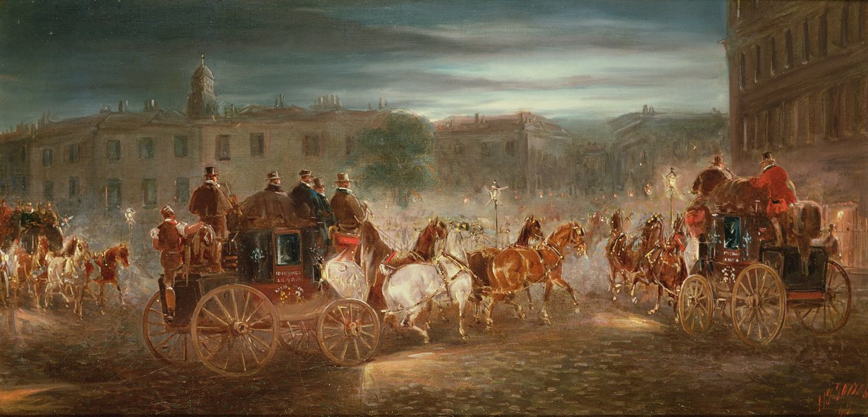 Scène de diligence en soirée dans une ville - J.J. Jones