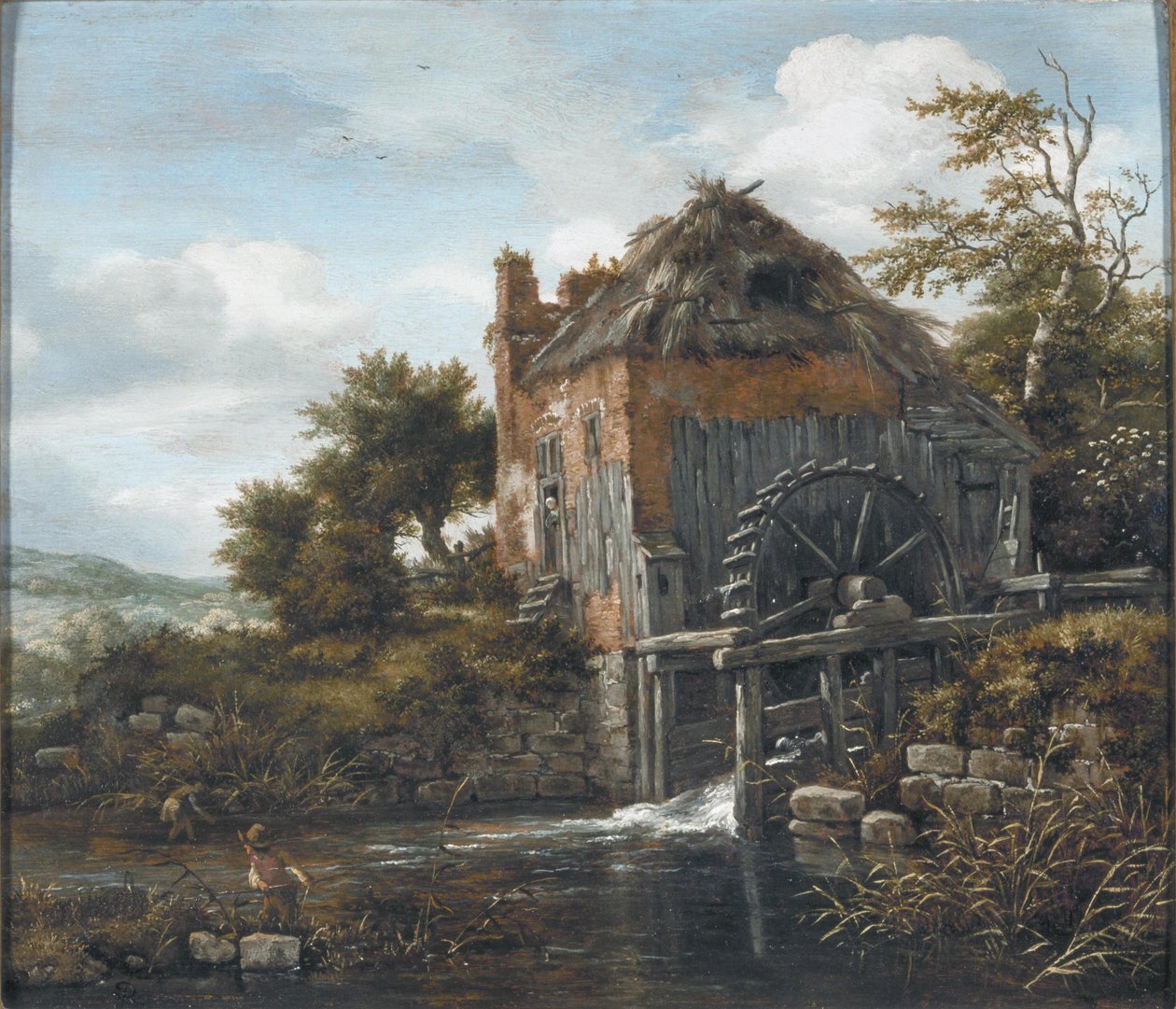 Paysage avec un moulin à eau et des hommes coupant des roseaux - Jacob van Ruisdael