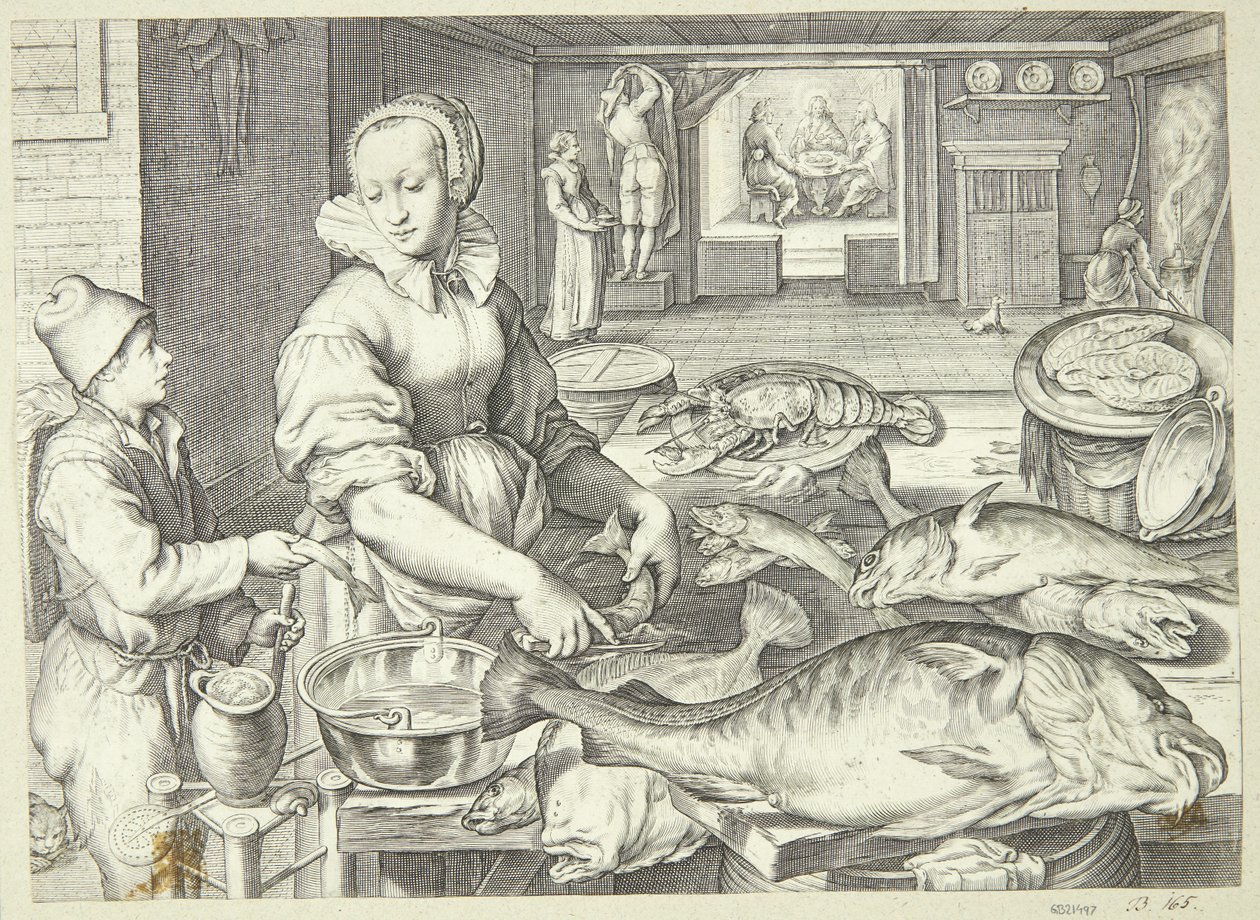 Scène de cuisine avec une cuisinière nettoyant du poisson - Jacob Matham