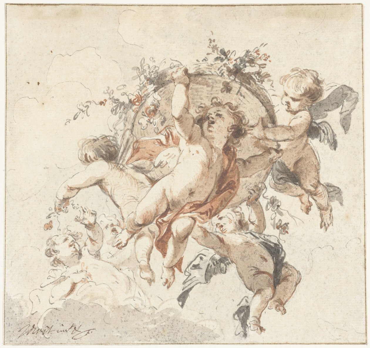 Chérubins flottants avec un panier de fleurs - Jacob de Wit