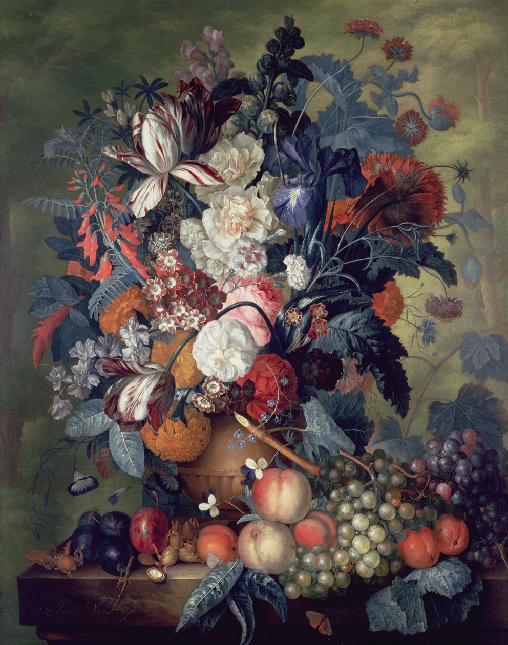 Un vase de fleurs avec des fruits - Jacob van Huysum