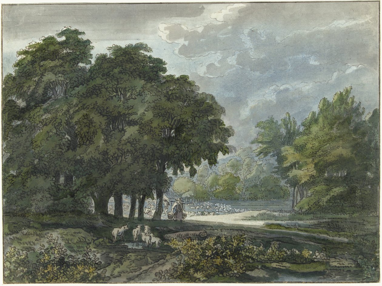 Bergers avec troupeau dans un paysage boisé - Jacob van Liender
