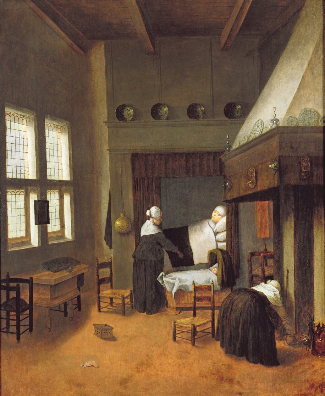 Intérieur de chambre avec mère et nouveau-né - Jacobus Vrel or Frel