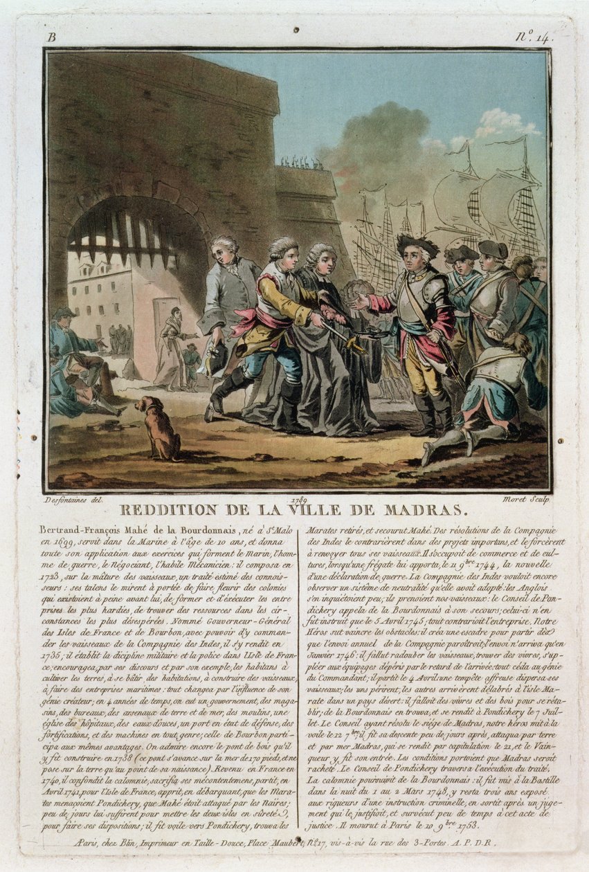 Reddition de la ville de Madras, 1746, gravée par Jean Baptiste Morret, 1789 - Jacques Francois Joseph Swebach
