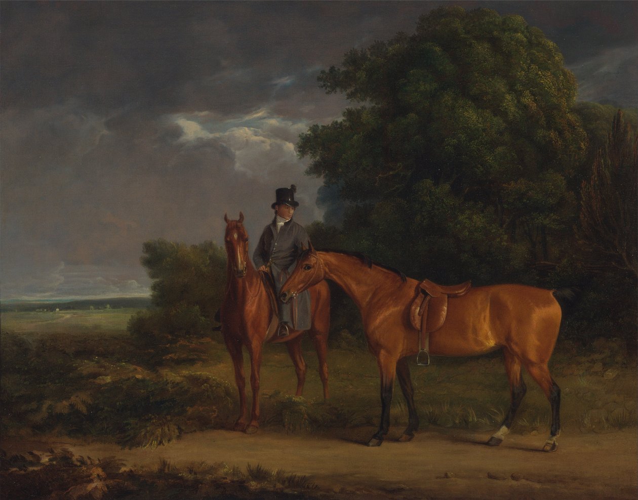 Un palefrenier monté sur un chasseur alezan, il tient un chasseur bai par les rênes - Jacques Laurent Agasse
