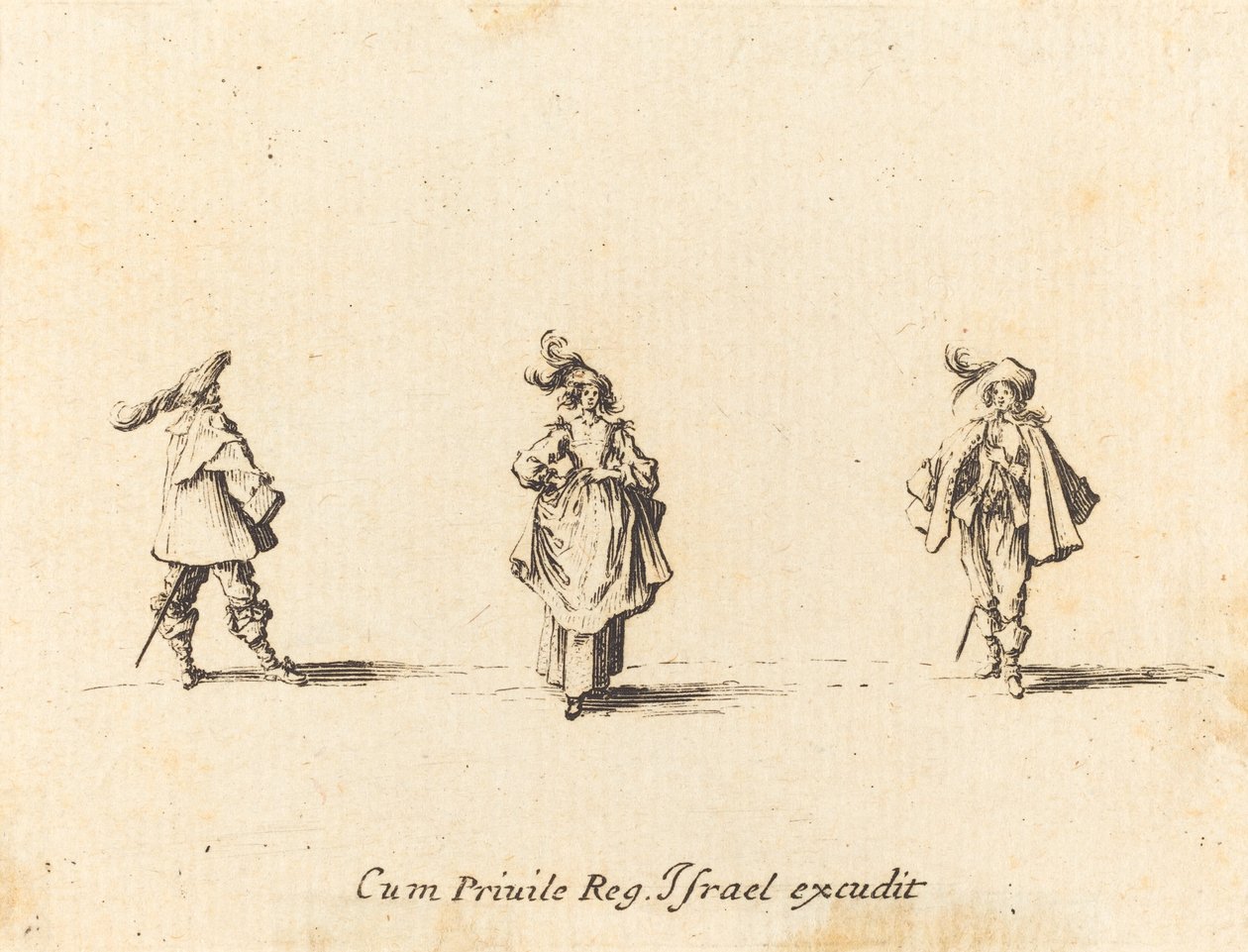 Dame avec des plumes, et deux gentilshommes - Jacques Callot