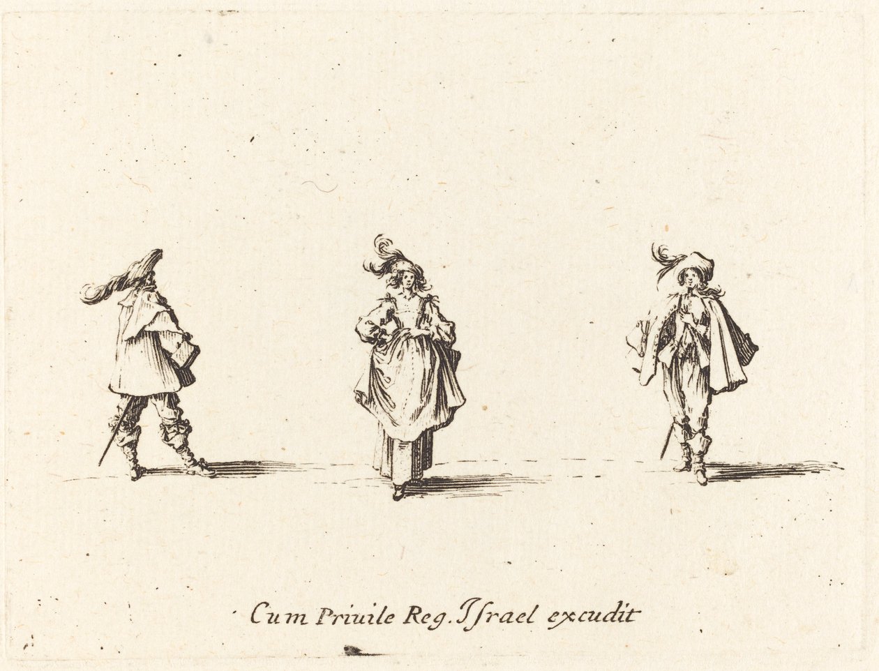Dame avec des plumes, et deux gentilshommes - Jacques Callot