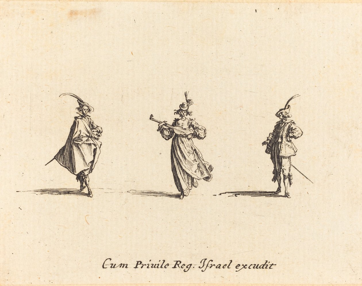 Dame avec un instrument à cordes, et deux gentilshommes - Jacques Callot