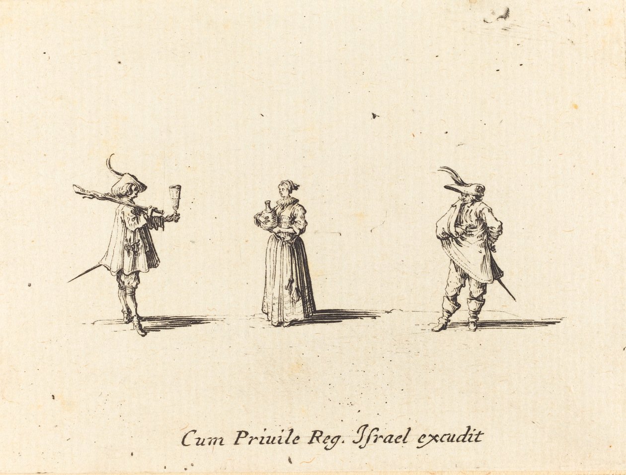 Dame avec une bouteille de vin, et deux gentilshommes - Jacques Callot