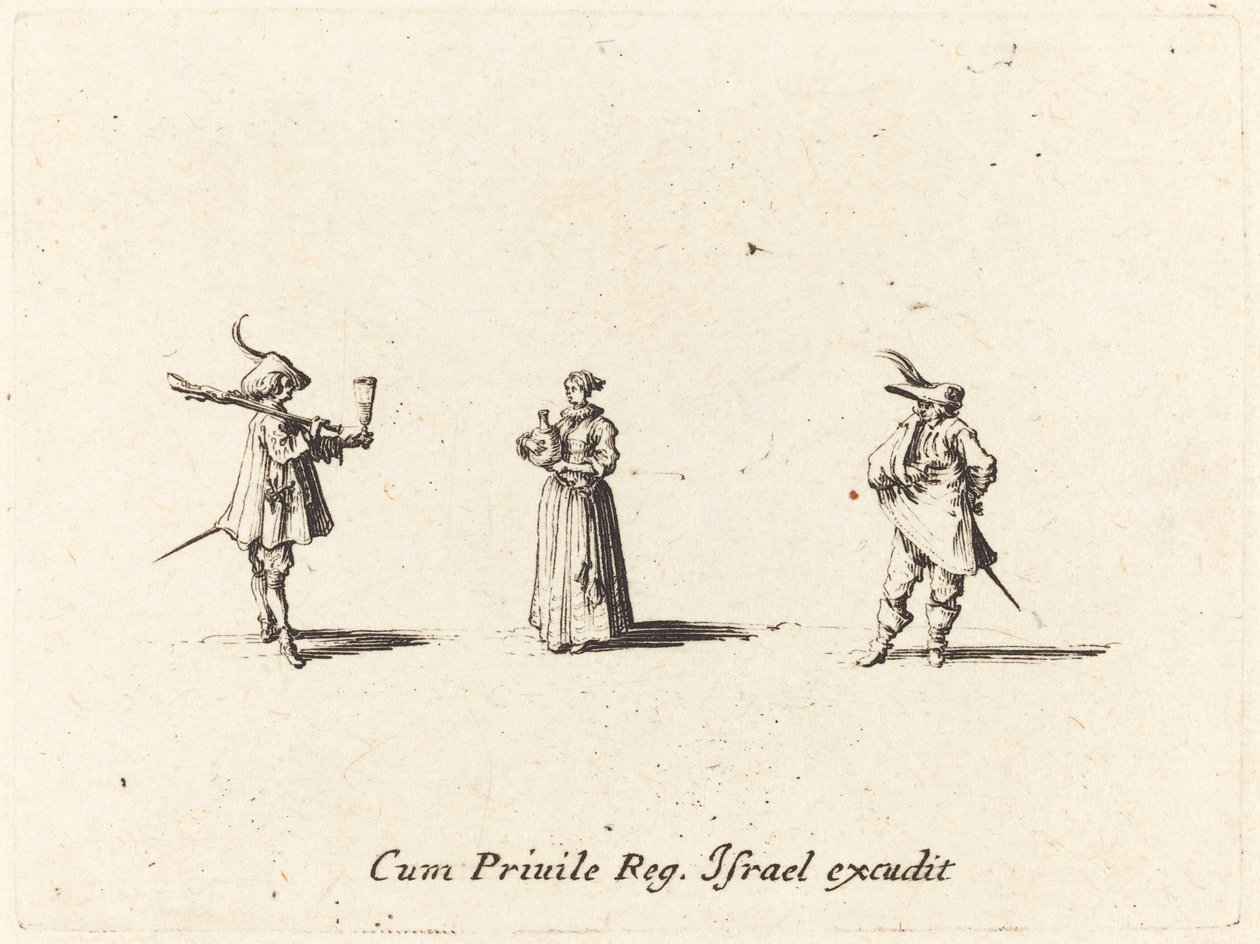 Dame avec une bouteille de vin, et deux gentilshommes - Jacques Callot