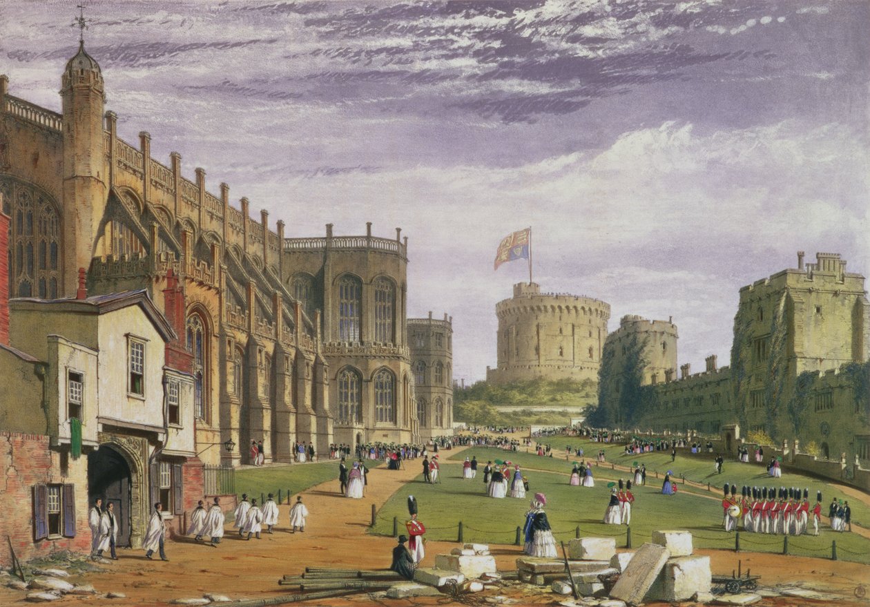 Lower Ward avec vue sur la chapelle Saint-Georges et la tour ronde, château de Windsor - James Baker Pyne
