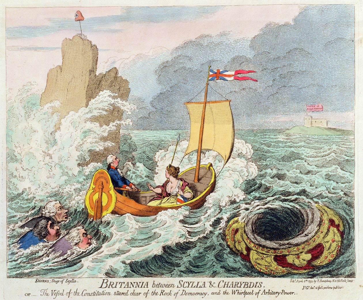 Britannia entre Scylla et Charybde, ou Le navire de la Constitution évitant le rocher de la démocratie et le tourbillon du pouvoir arbitraire, publié par Hannah Humphrey en 1793 - James Gillray