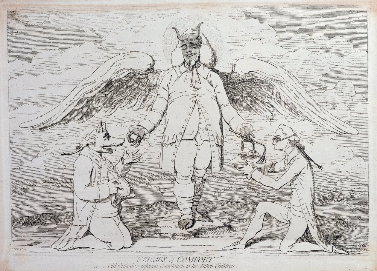 Miettes de réconfort, ou le vieil orthodoxe redonnant consolation à ses enfants déchus, publié par G. Humphrey en 1782 - James Gillray