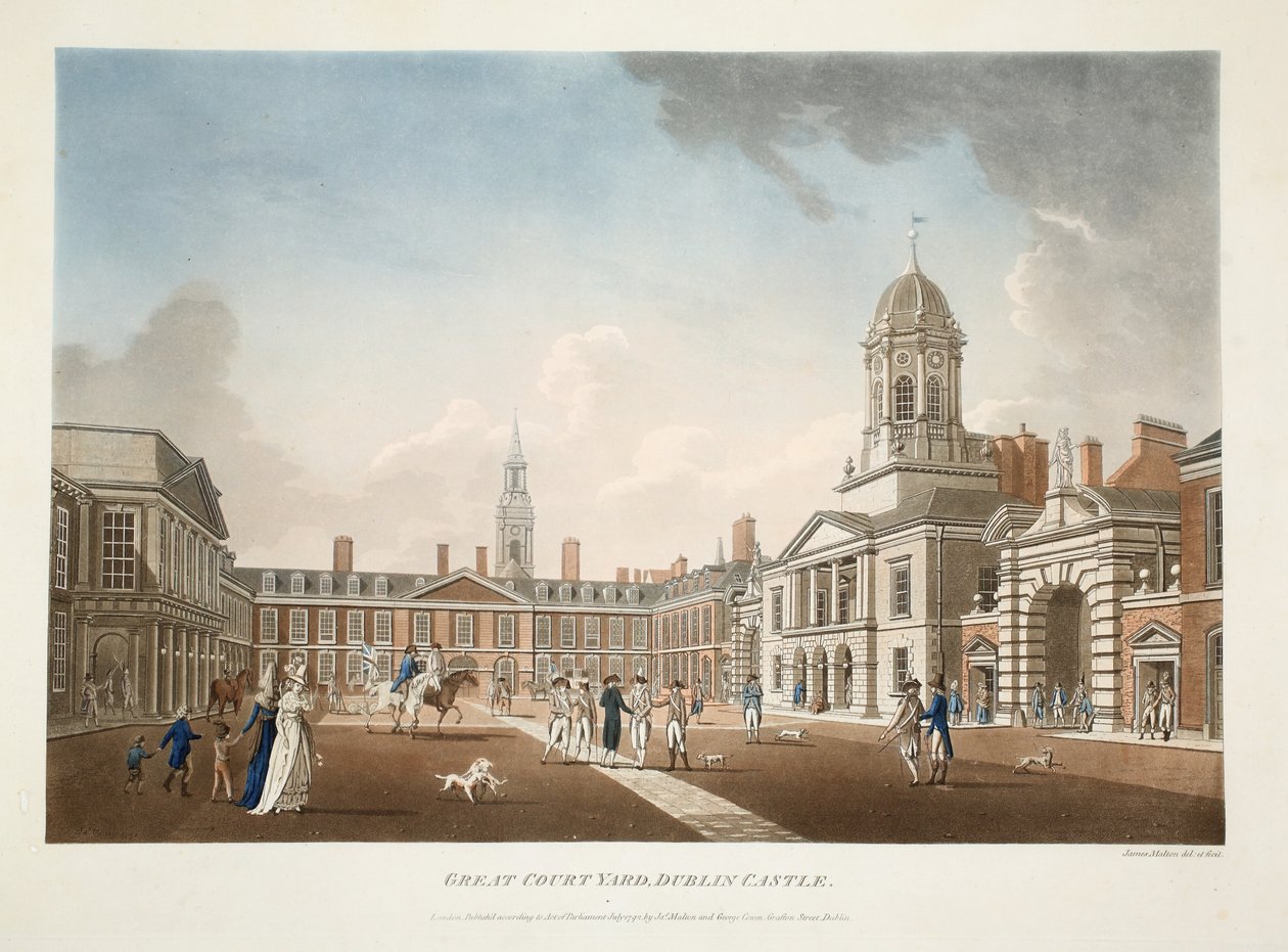 La grande cour, château de Dublin, 1792 (gravure coloriée à la main) - James Malton