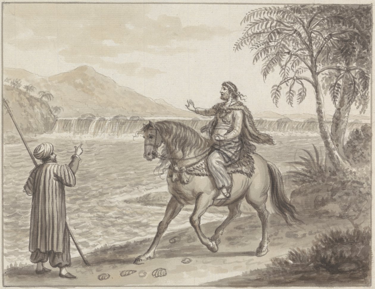Cavalier approchant un voyageur près de la rivière - James Bruce