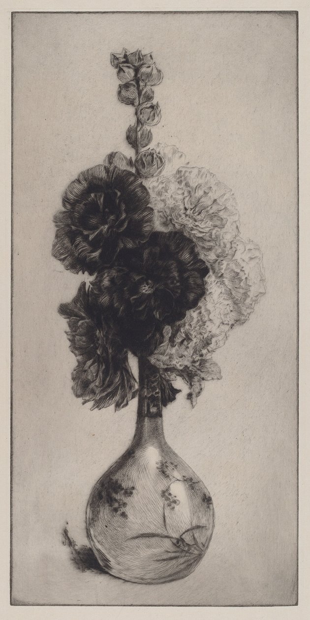 Rose trémières dans un vase à long col - James David Smillie