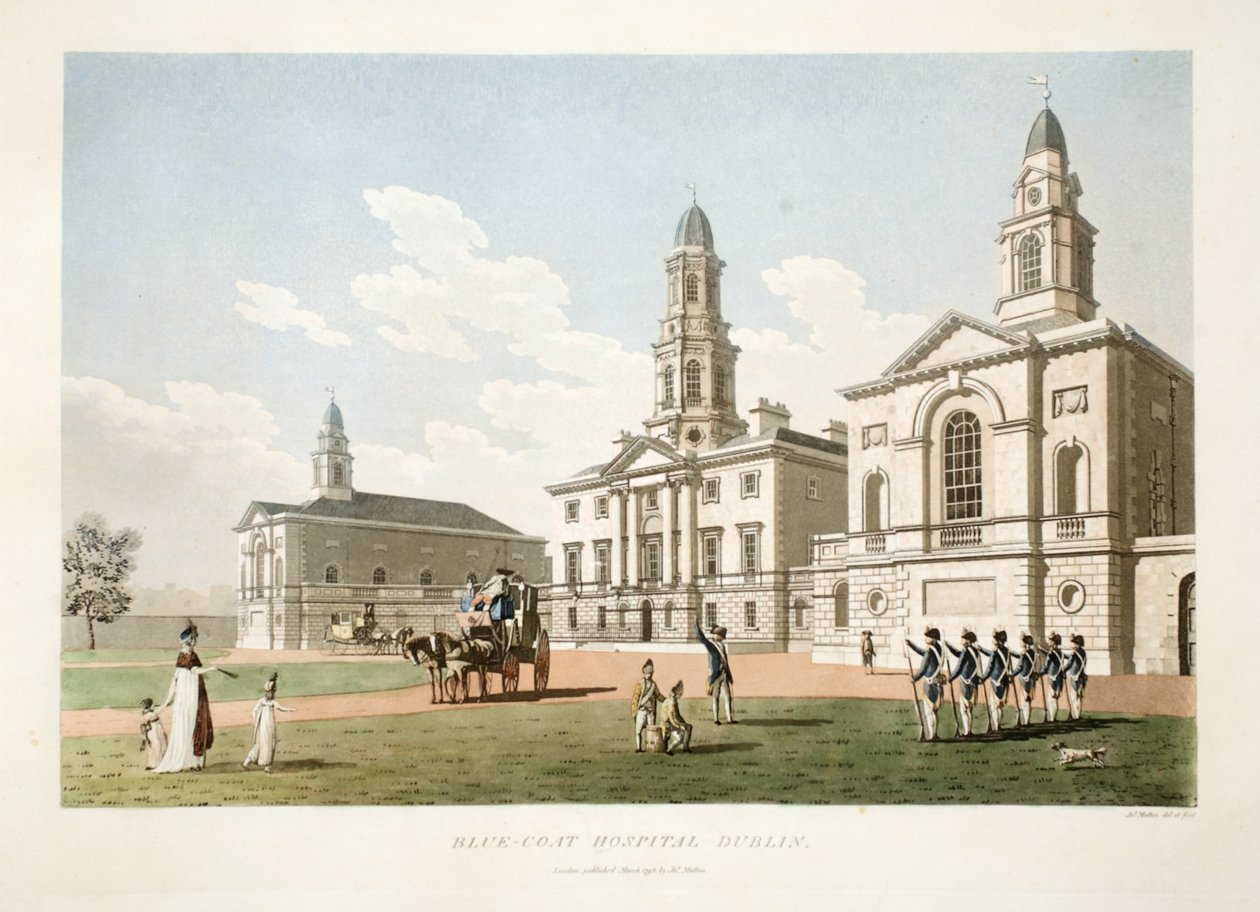 Hôpital Blue-coat, Dublin, 1798 (gravure coloriée à la main) - James Malton