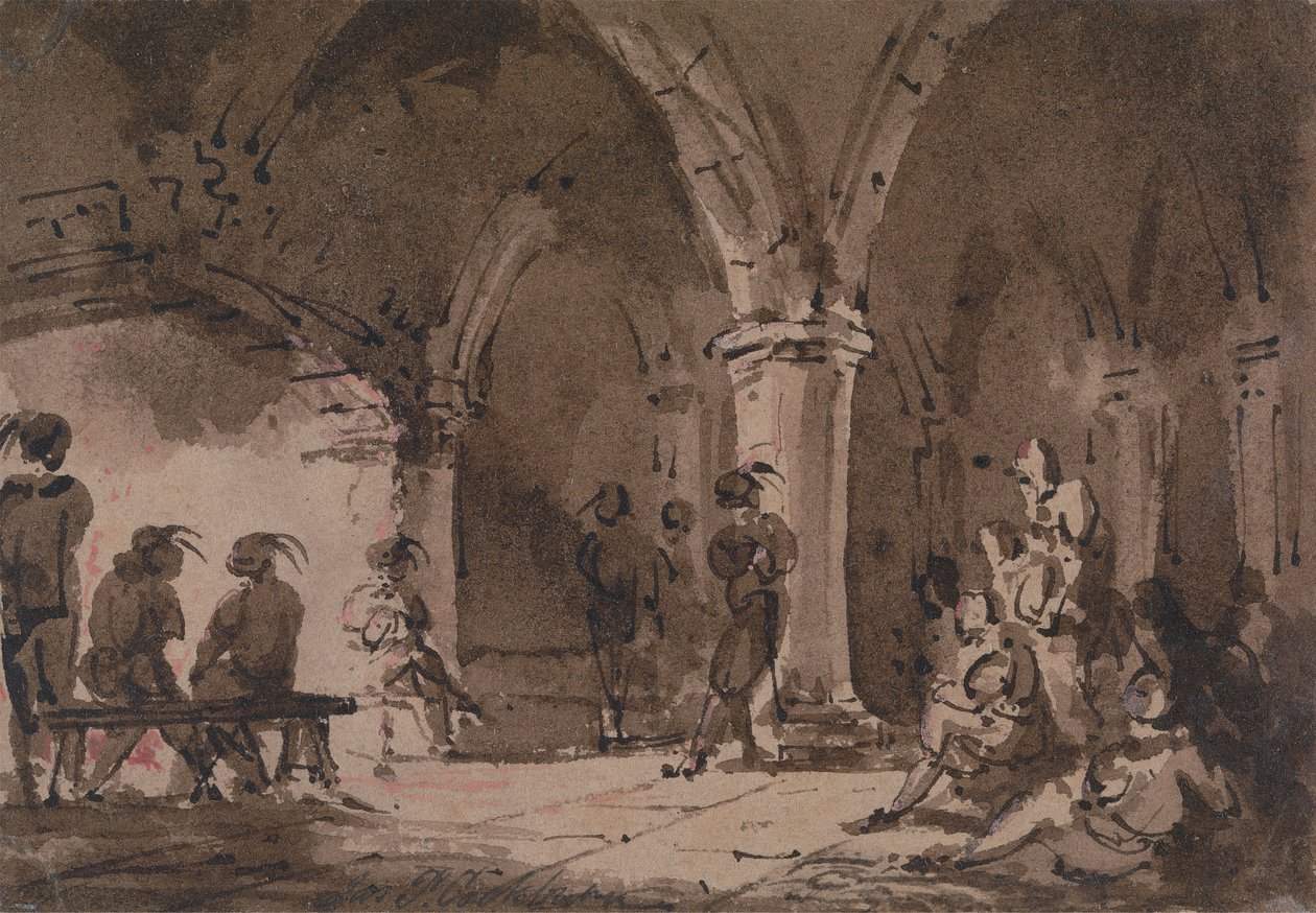 Figures médiévales dans une crypte - James Pattison Cockburn