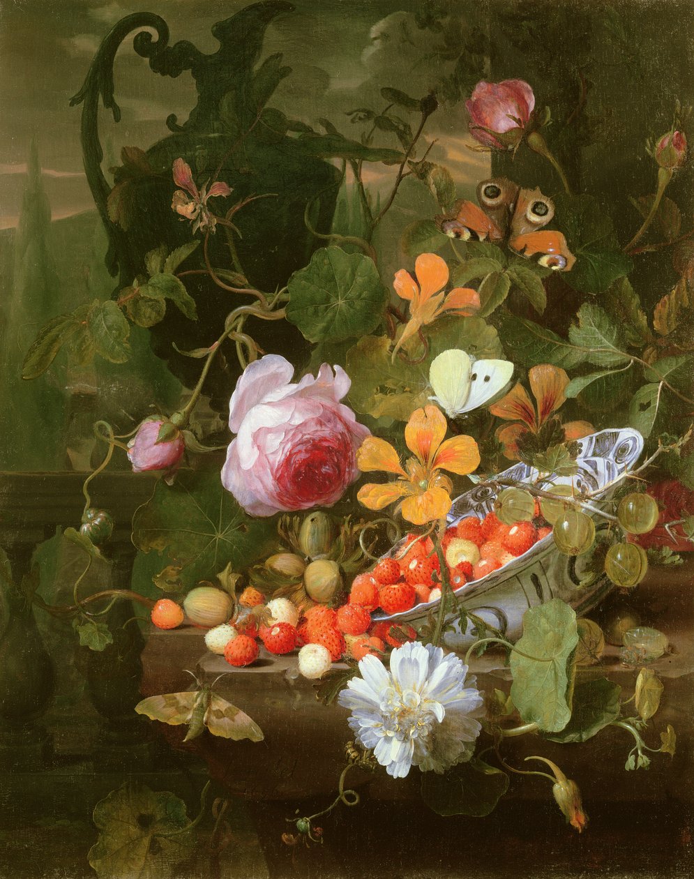 Nature morte de fraises dans un bol et de fleurs, 1696 - Jan Mortel