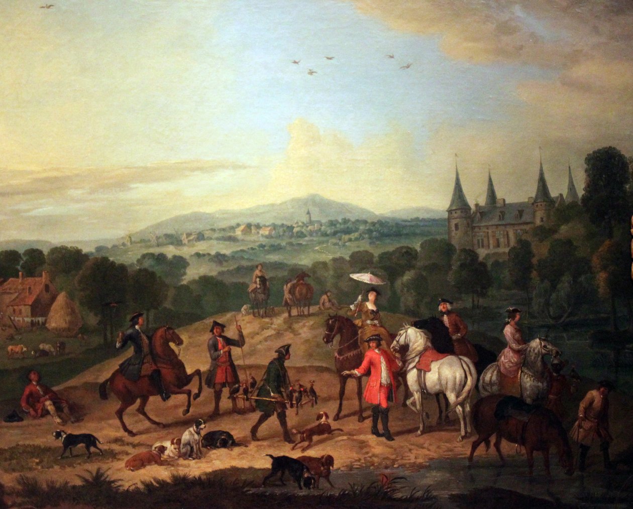 Groupe élégant de cavaliers à la chasse au faucon dans un paysage avec château - Jan Peeter Verdussen
