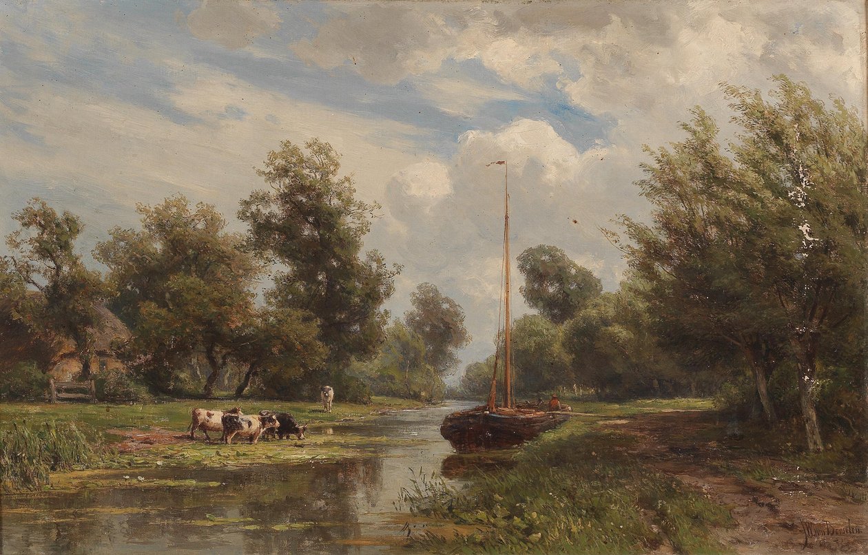 Vaches broutant sur la berge du canal - Jan Willem van Borselen