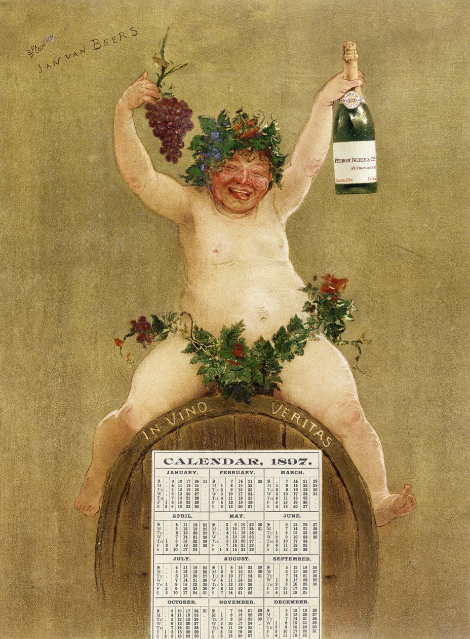 Calendrier promotionnel pour le champagne Pfungst Frères, illustrant Bacchus assis sur un tonneau portant la légende 