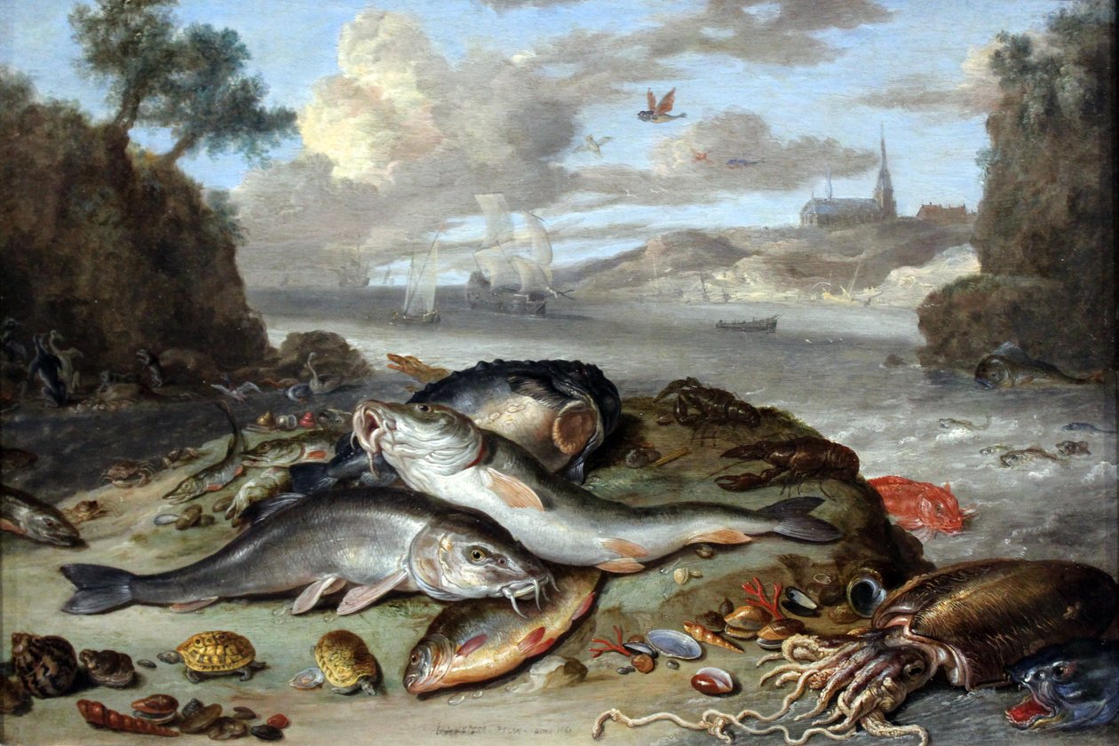 Nature morte avec poissons et fruits de mer dans un paysage côtier - Jan van Kessel the Elder