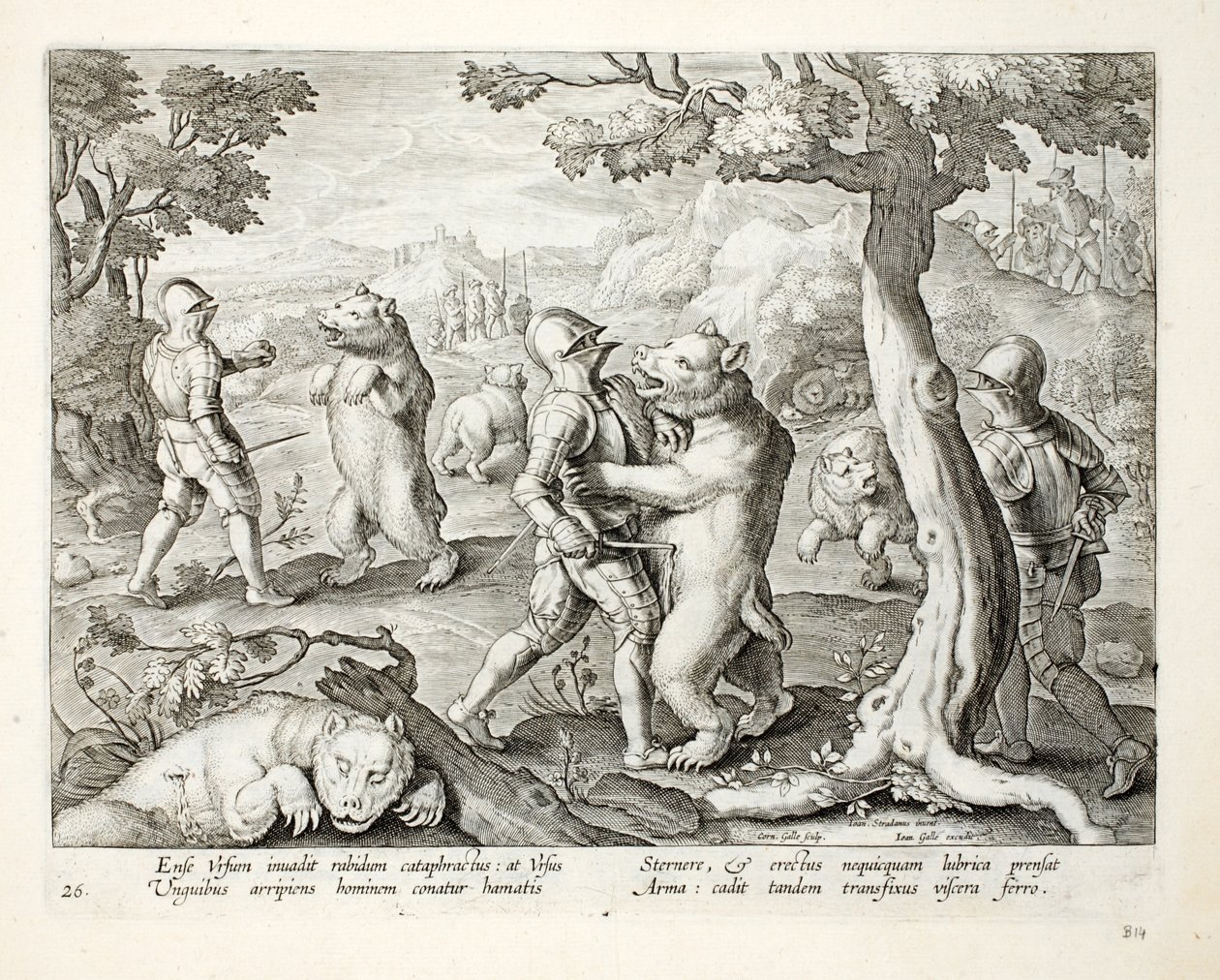 Hommes en armure lourde attaquant des ours en les poignardant dans les organes vitaux, illustration de 