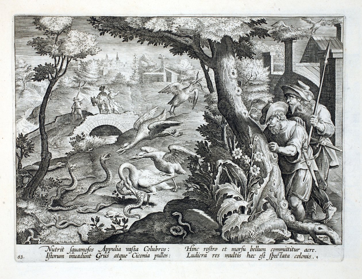 Grue de tour et leurs poussins plongeant sur des serpents, illustration de 