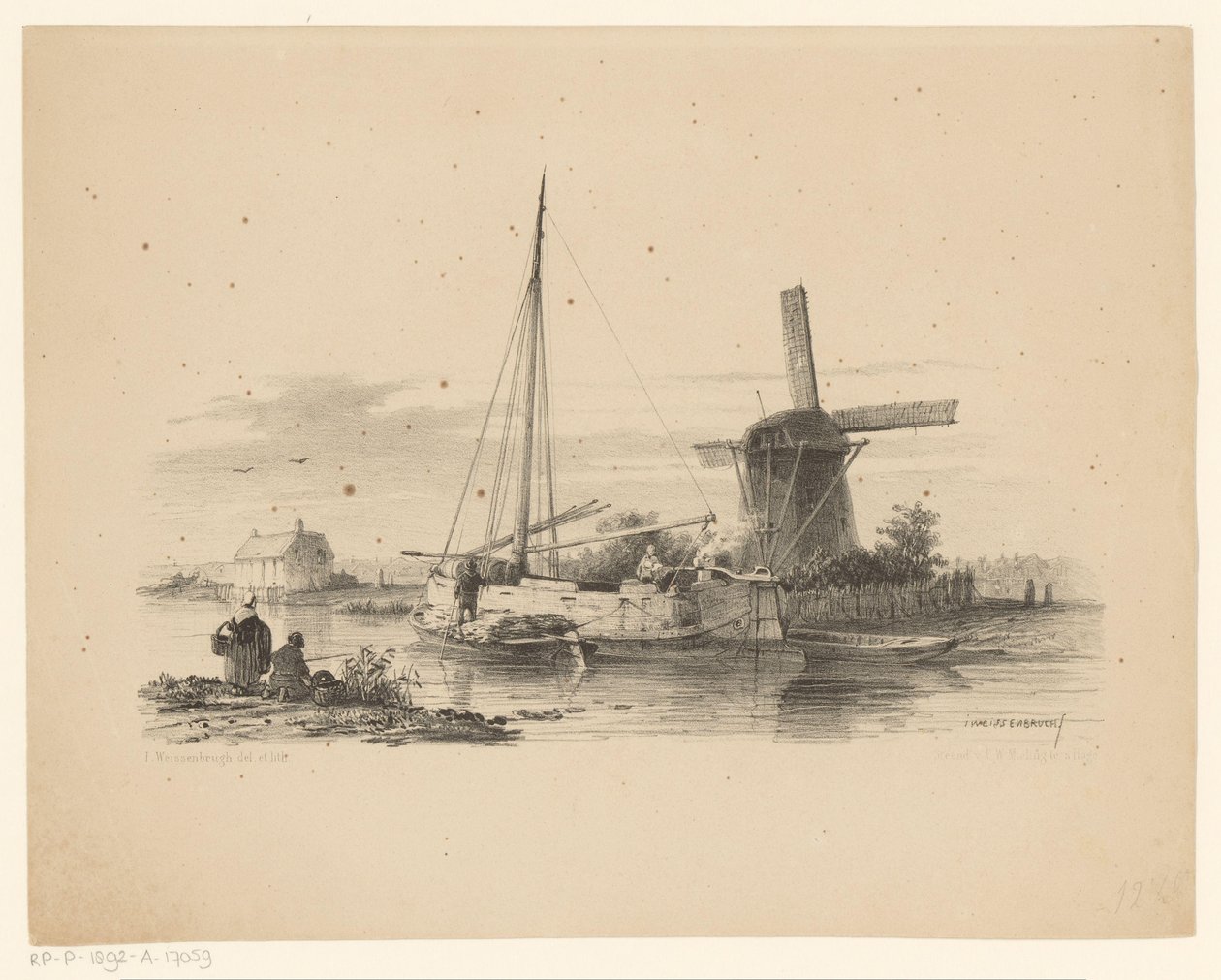 Vue sur le canal avec une péniche de tourbe et un voilier - Jan Weissenbruch