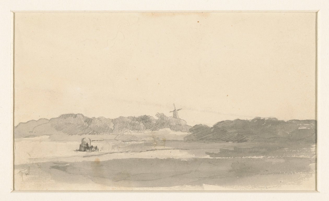 Paysage de prairie avec charrette de foin et moulin à vent - Jan Weissenbruch