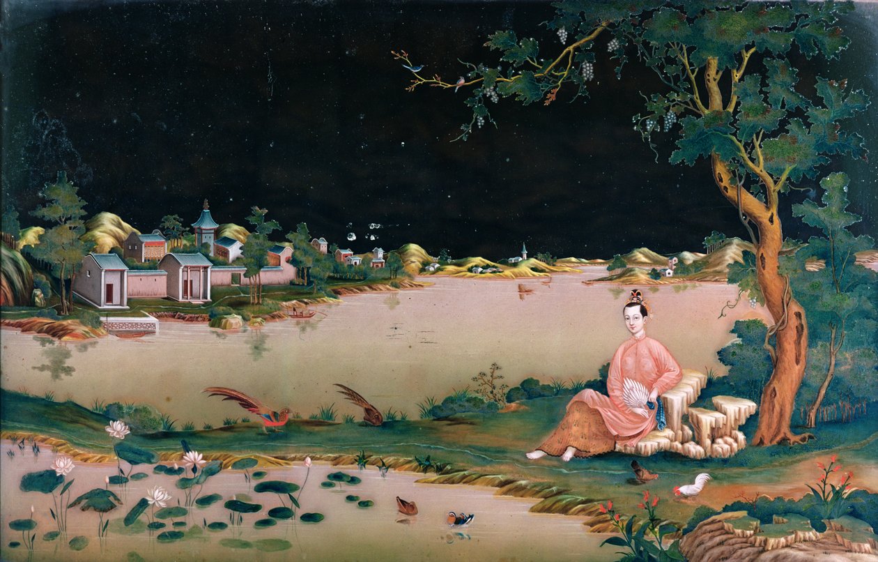 Peinture de miroir japonais montrant une fille assise, vers 1800 - Japanese School