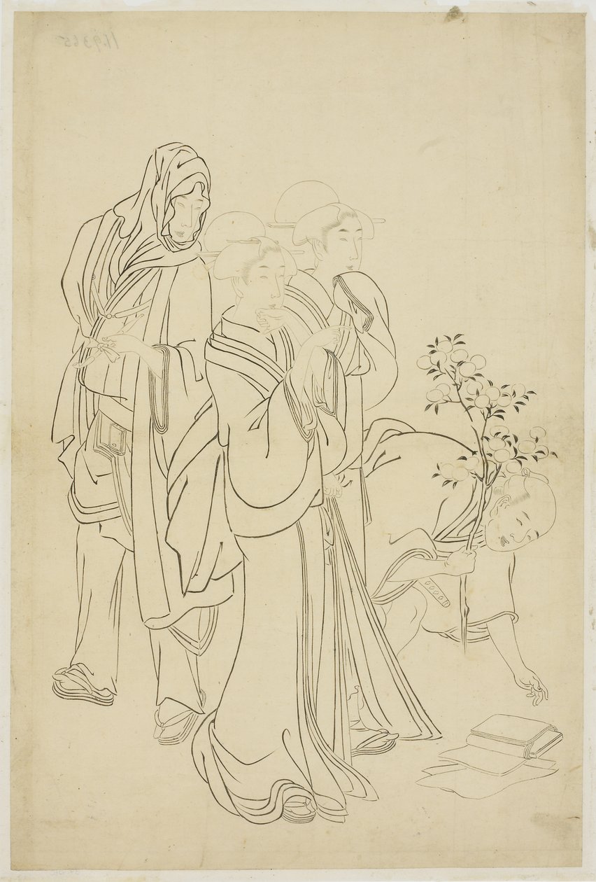 Deux geishas se promenant avec un dandy et un apprenti - Japanese School