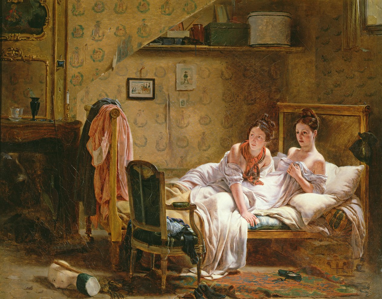 Deux femmes dans un lit dérangées par un chat - Jean Alphonse Roehn
