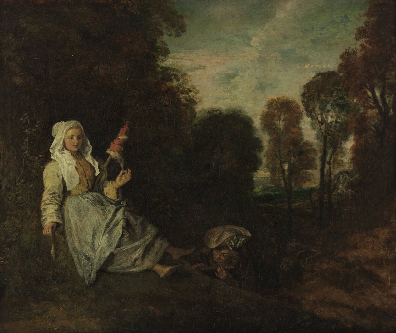 Paysage du soir avec fileuse - Jean Antoine Watteau