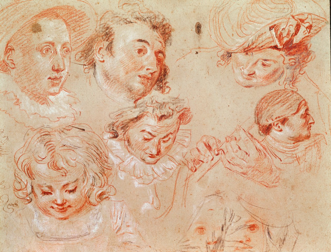 Six têtes et deux mains jouant d