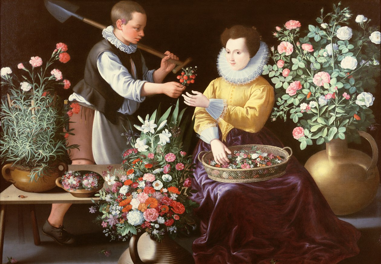 Allégorie du Printemps ou Scène de Marché avec un Garçon offrant des Fraises à une Fille assise et entourée de Fleurs - Jean Baptiste de Saive