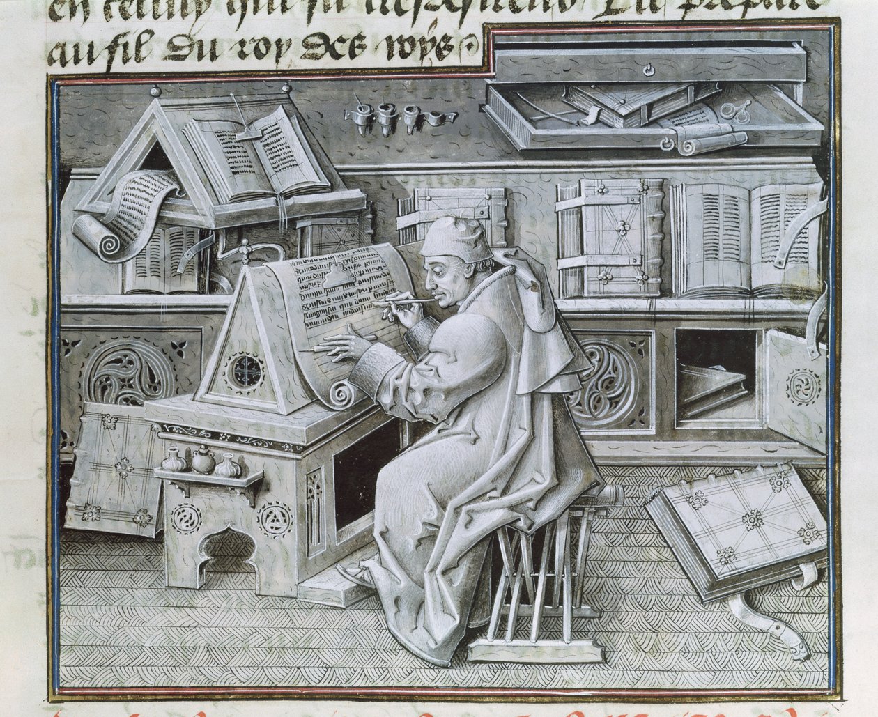 Le copiste Jean Mielot travaillant dans son scriptorium, de 