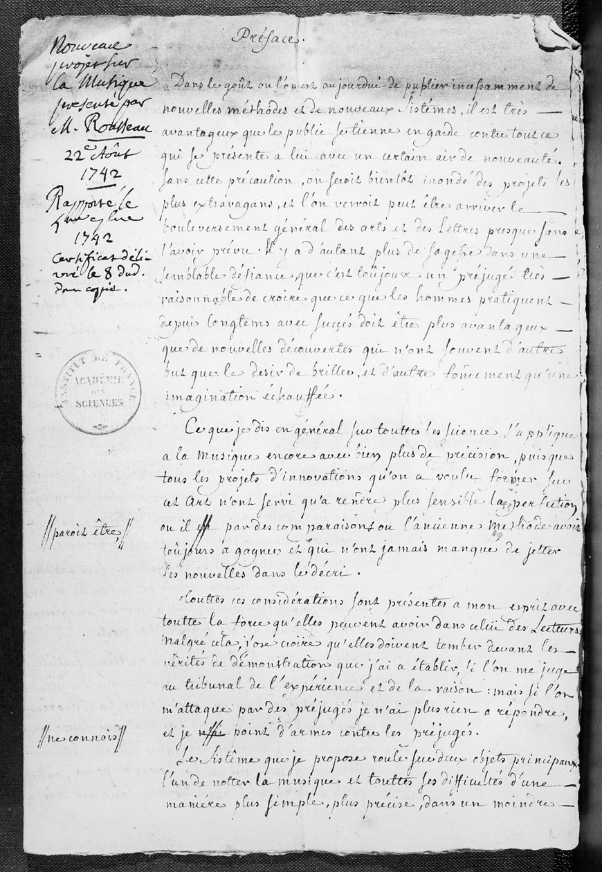 Projet de notation musicale présenté par Jean-Jacques Rousseau à l