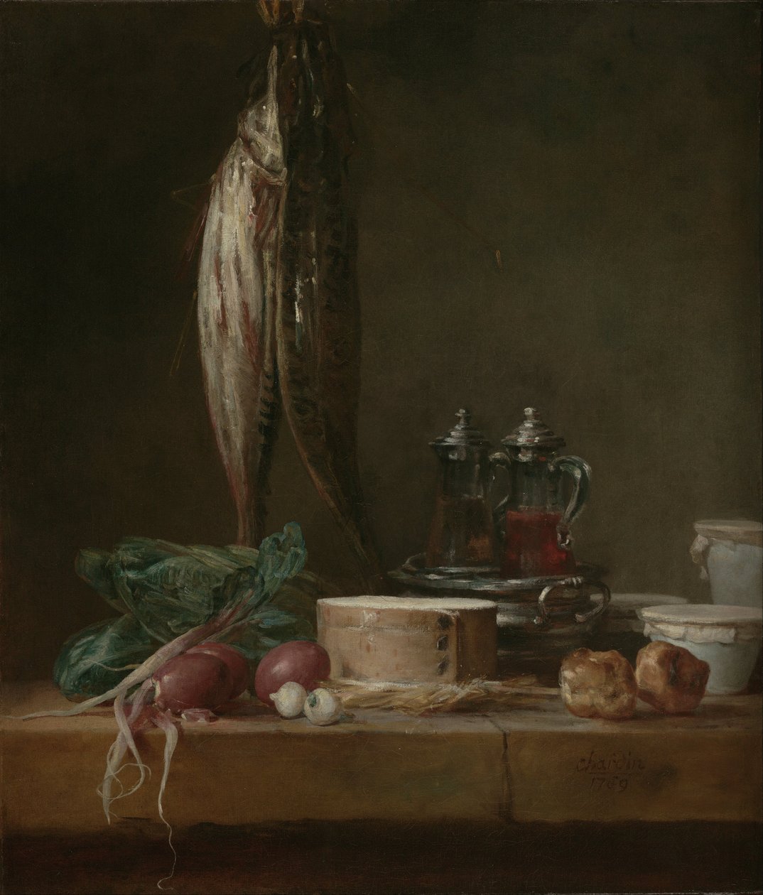 Nature morte avec poisson, légumes, gougères, pots et cruches sur une table - Jean Baptiste Simeon Chardin